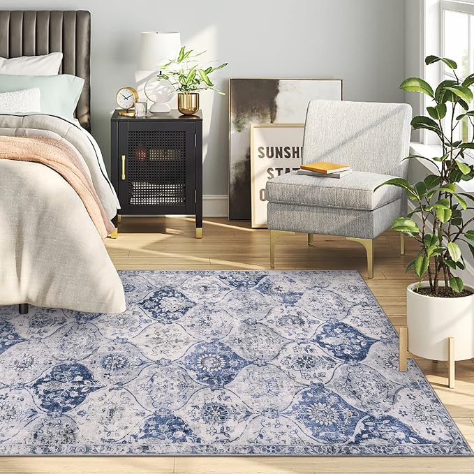 Lahome Moroccan Trellis Washable Small Area Rug, 3x5 Area Rug for Bedroom Living Room, Non-Slip Oriental Throw Carpet for Kitchen Office Entryway Bathroom Office Elise, White/Royal Blue