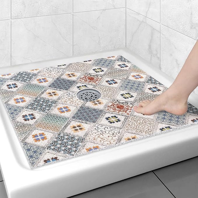 Square Shower Mat Non Slip: 31x31 Inch Extra Large Shower Floor Mat with Drain Hole in Middle - Soft PVC Loofah Bath Mat for Shower - Anti Slip Shower Stall Mat for Elderly and Kids