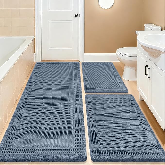 IM HOME Upgrade Waffle Bath Mat Set 3 Piece, Boho Bathroom Rugs Absorbent Non Slip, Soft Bathroom Mats, Machine Washable Knit Bath Rugs with Border for Bathroom, Bedroom, Kitchen, Shower, Tub, Blue