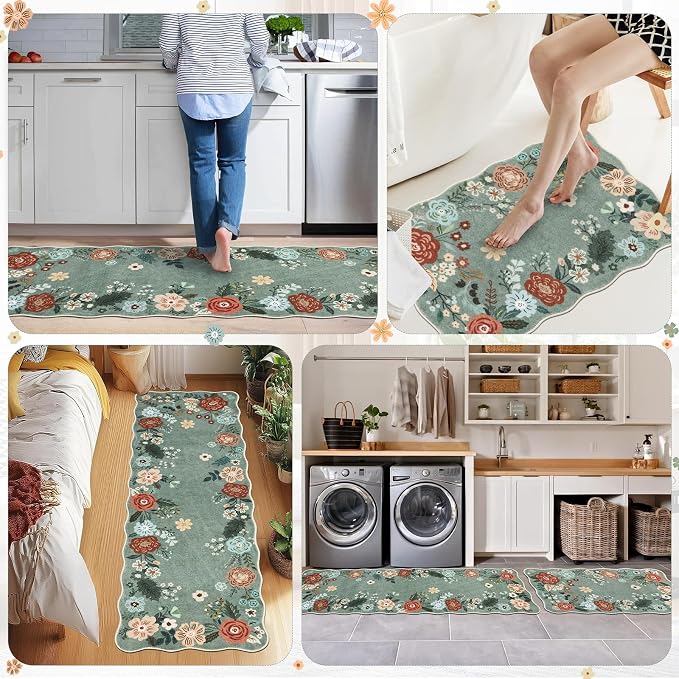 Homcomoda Floral Kitchen Rugs Mats for Floor 3PC, Farmhouse Non Slip Kitchen Rug Runner, Washable Non Skid Kitchen Rugs, Comfort Standing Mat for Laundry, Desk, Bar, Office