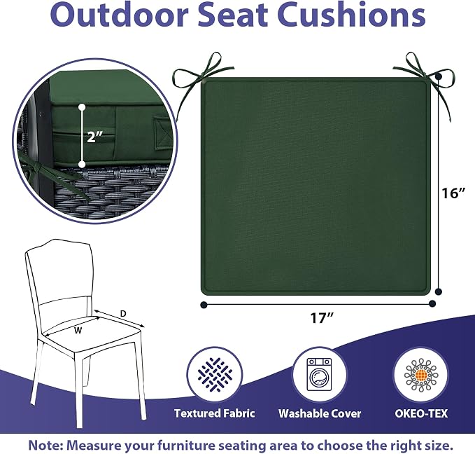 IPYNBAP Outdoor Chair Cushions Set of 4 -Waterproof Outdoor Seat Cushions for Patio Furniture, Patio Chair Cushion with Handle and Ties, Out Door Chair Pads,17x16x2-Square, Forest Green