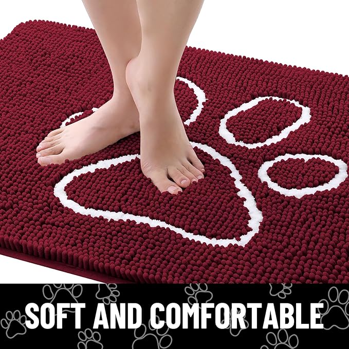 Smiry Dog Door Mat for Muddy Paws, Absorbent Dirt Trapper Non Slip Quick Dry Washable Chenille Mat for Mud Dogs, Entry Rug for Indoor and Outdoor (48x30 Inches, Burgundy and White)
