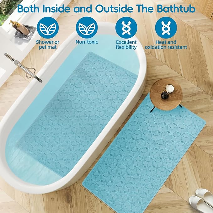 Bathtub Mat Non Slip with Suction Cups - 100% Rubber Bathroom Mat Textured for Bath Tub Shower Safety - Soft on Touch - BPA/PVC Free - Pet Dog Bath Mat - Machine Washable - 16 × 28 Inch（Blue）