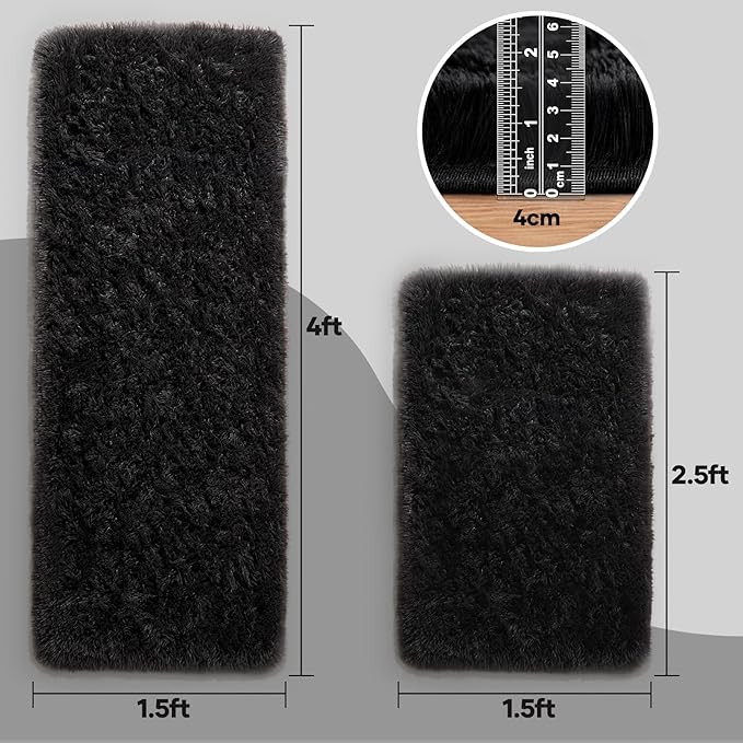 Ophanie Small Rug Washable Non Slip Throw Bedside Area Rugs, Fluffy Soft Mini Bedroom Carpet, 1.5x2.5 and 1.5x4 Rug Set, 2 Piece Black