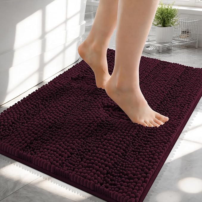 OLANLY Thick Small Bathroom Rugs 24x16, Extra Absorbent Chenille Striped Bath Rugs, Rubber Backing, Machine Wash, Bath Mats for Bathroom Floor, Tub and Shower, Home Decor Accessories, Black Cherry