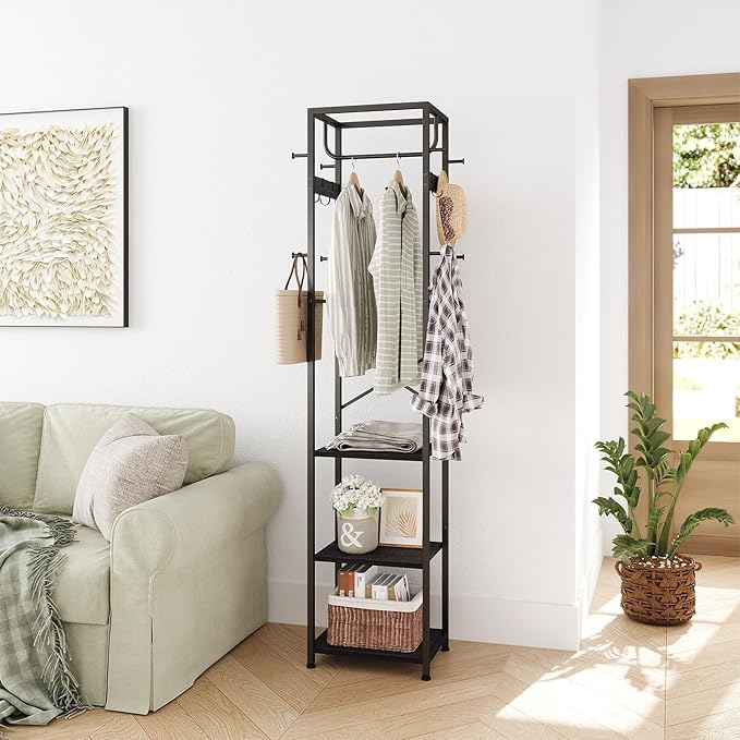ELYKEN Coat Rack Freestanding, Hall Tree with 3 Storage Shelves and 12 Hooks, Metal Clothes Rack Stand Organizer for Bedroom, Hallway, Entryway, Office, Living Room, Black