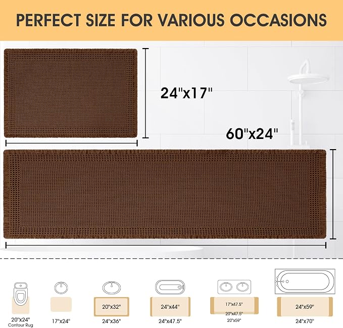 Waffle Bath Mat Set 2 Piece, Boho Woven Modern Bath Rug Absorbent Non Slip, Ultra Soft Bathroom Mats, Machine Washable Knit Bath Rugs with Border for Bathroom, Bedroom, Kitchen, Shower, Tub, Brown
