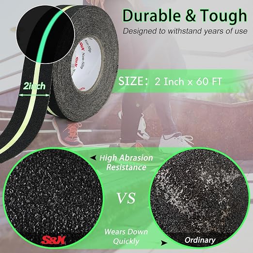 S&X Heavy Duty Anti Slip Tape 2 Inch x 60 Ft with Glow in The Dark Strip - Durable Grip Tape for Stairs, Outdoor Non Slip Stair Tread Non-Skid Safety Tape