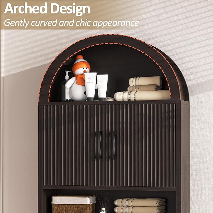 Spurgehom Over The Toilet Storage Cabinet, Bathroom Shelf Organizer Freestanding, Bathroom Arch Cabinet Over Toilet with Toilet Paper Holder and Anti-Tipping Device (Narrow Style-Coffee)