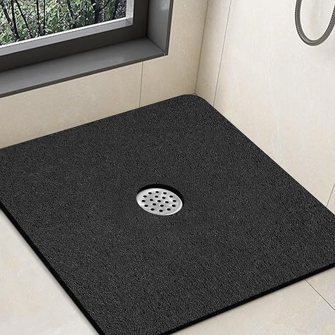 Shower Mat Non Slip,32 x 32 Inch Extra Large Square Shower Mat with Drain Hole in Middle,Soft Loofah Bath Mat Shower Stall Bathtub Mat for Inside Shower Bathroom,Without Suction Cups (Black)