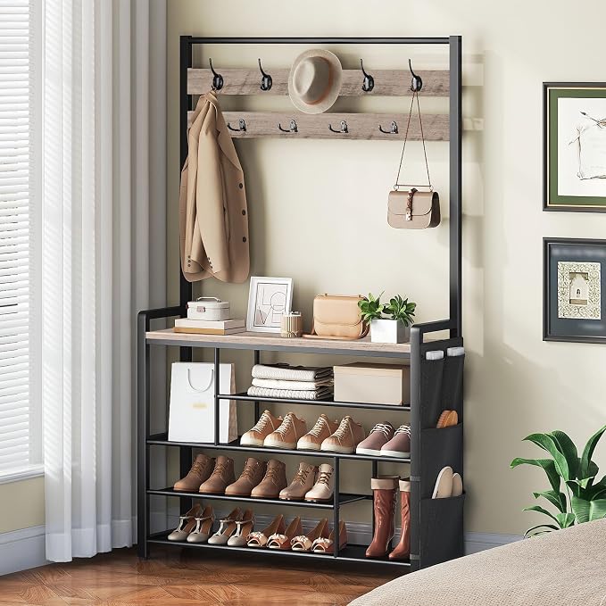 HOOBRO Hall Tree with Bench, Shoe Rack with Coat Rack, 39.4" Coat Rack with Shoe Storage, 5 Tier Shoe Storage Organizer, Oxford Fabric Side Pockets, Coat and Shoe Rack Entryway, Greige BG46MT01