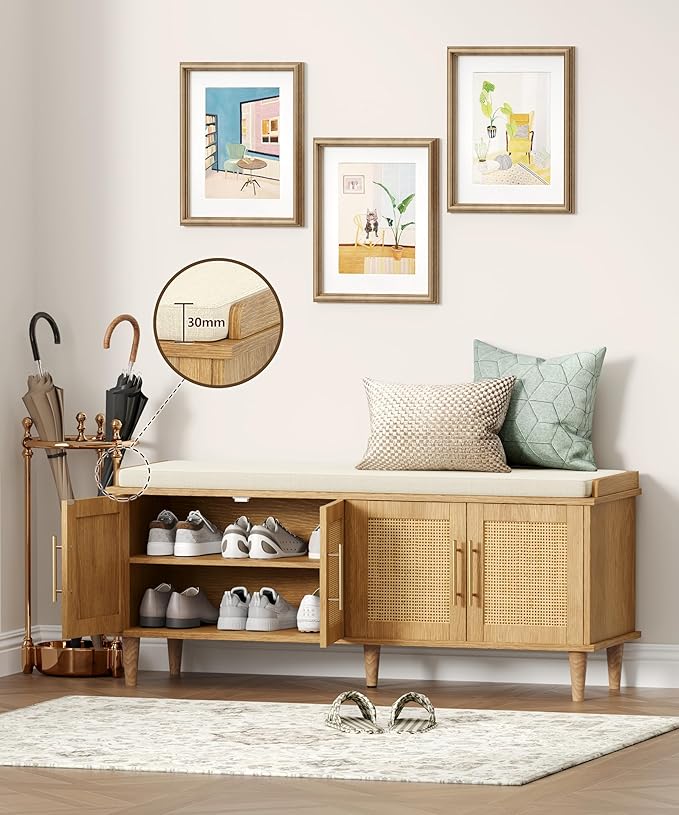 Akxomel Rattan Shoe Storage Bench with Cushion, 2-Tier Entryway Bench with Adjustable Shelves and 4 Doors, 15" D x 47.2" W x 20" H, Solid Wood Legs, for Hallway, Living Room, Bedroom, Natural Oak