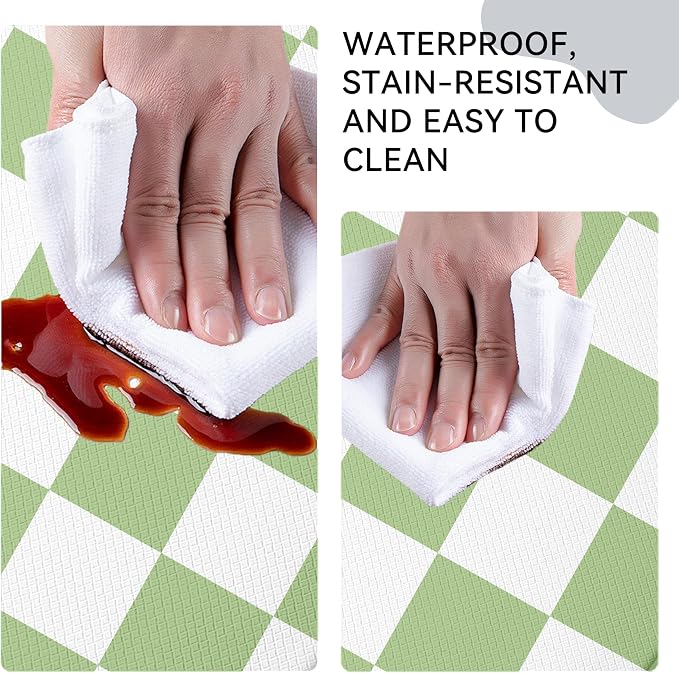 Fresh Green Checkered Grid Checkerboard Kitchen Rug Sets [2 PCs], Anti-Fatigue, Waterproof Non-Slip Kitchen Mats Heavy Duty Comfort Foam Rug for Kitchen, Floor, Laundry,17"x29"+17"x47"