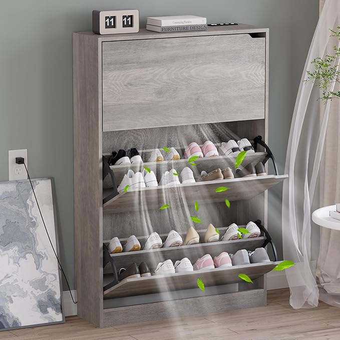 BORNOON Shoe Cabinet with Odor Control and Back Panels, Deodorizing Slim 3-Flip Shoe Storage Cabinet for Entryway, Freestanding Hidden Shoe Rack Organizer for Entrance, Hallway, Bedroom