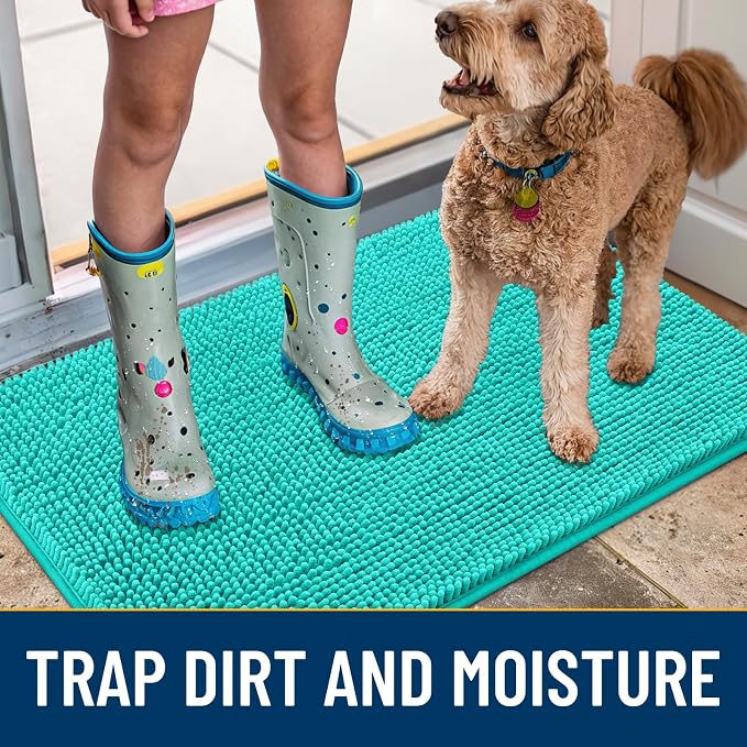 Smiry Dog Door Mat for Muddy Paws 59x32, Absorbent Dirt Trapper, Non-Slip Washable Chenille Entryway Rug for Inside Floor, Teal, Classic Solid