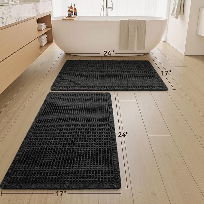 Upgraded Waffle Bath Mats Set of 2, Super Absorbent Non Slip Bath Mats for Bathroom Floor, Washable Boho Bathroom Rugs Set 2 Piece with Tassels, Soft Bathroom Mat Set, 17" x 24" (2 Pack), Black