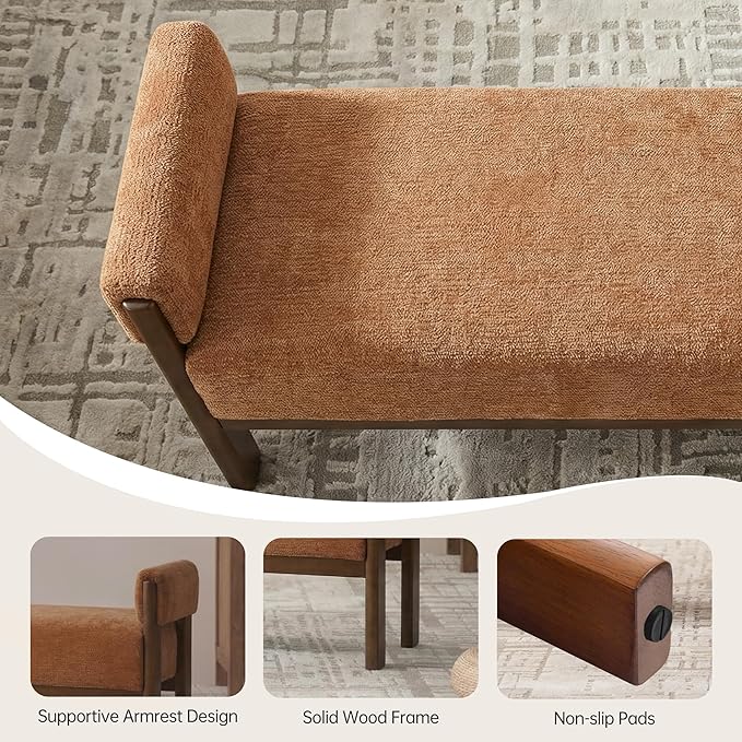 VKNOW End of Bed Bench, 51.8” Modern Upholstered Bedroom Bench Indoor Bench with Arms, Entryway Bench with Solid Wood Frame for Bedroom Living Room, Orange