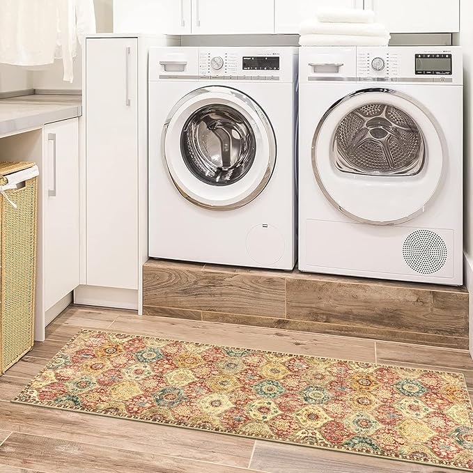 Lahome Moroccan Trellis Washable Runner Rug, 2x6 Kitchen Runners for Hallways 6 Feet Non Slip, Vintage Laundry Room Rug Ultra-Thin Carpet for Bathroom Bedroom Entryway Elise, Red/Orange