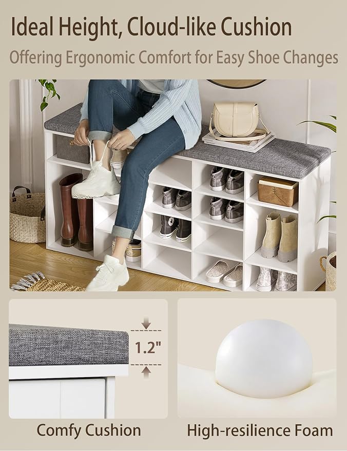 DINZI LVJ Shoe Storage Bench, 20-Cubby Shoe Rack Bench with Cushion, Fully Adjustable Shelves, Shoe Organizer for Closet, Entryway, Mudroom, Hallway and Garage, White
