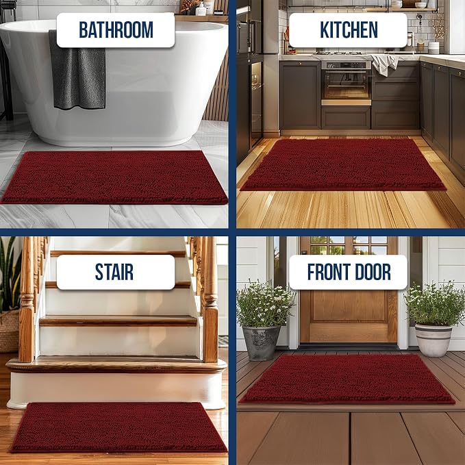 Muddy Mat® | Chenille Bathroom Rugs Quick Dry Microfiber Mats Non Slip Washable, Extra Thick, Soft and Highly Absorbent Bath Mats for Bathroom, Kitchen, and Shower Floor - Red 18"x28"