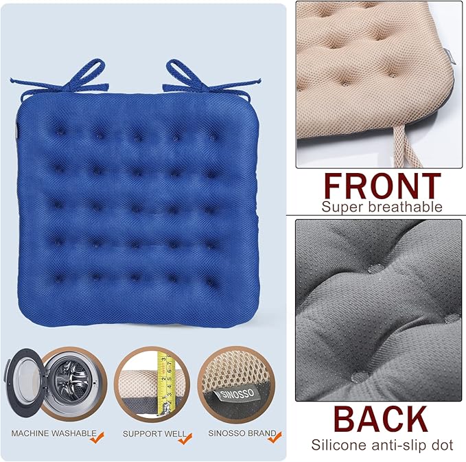 SINOSSO Excellent Support Effect Office Chair Cushion 1 Pack, Luxury Air Mesh Breathable Non-Slip Desk Computer Seat Cushion, Kitchen Dining Room Square Chair Pad (1 Count, Blue)
