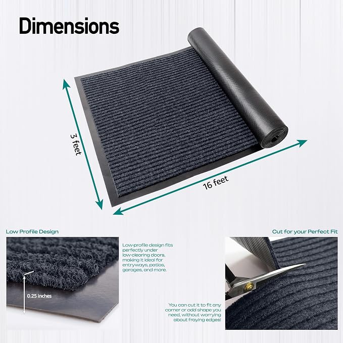 Durable Rubber Door Mat - Heavy Duty, Indoor/Outdoor, Easy Clean, Waterproof, Low-Profile Mat for Entry, Patio, Garage - Stylish (Charcoal, 16' x 3' (Mud Trapper))