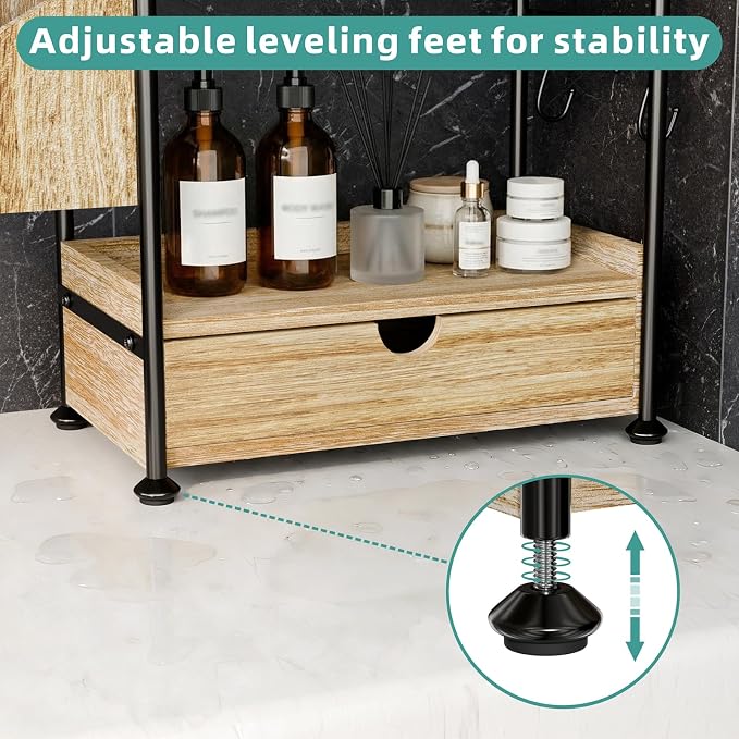 Kottwca 2-Tier Bathroom Counter Organizer with Drawer, Wooden Vanity Skincare Storage Shelf with Thickened Metal Frame, Countertop Shelf with Basket & Hooks for Makeup Organization,Light Brown