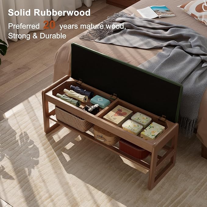 AQIMUELE Shoe Rack Bench,2 Tiers Shoe Bench with Storage with Flip-Top,Wood Shoe Rack for Entryway,Hallway（Green Upholstered Seat,11.8" D x 39.3" W x 15.7" H）