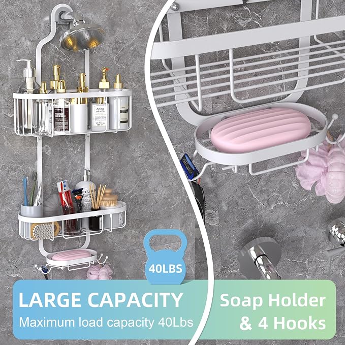 White Hanging Shower Caddy, 3-Tier Bathroom Organizer with Soap Dish, Rust Resistant, Quick Dry, Assembly Required
