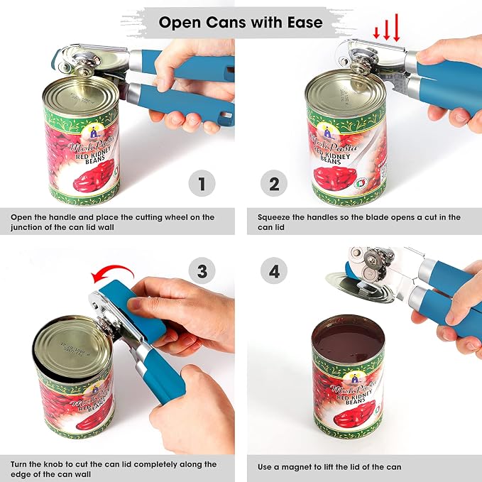 Beneno Heavy Duty Hand Can Opener Manual with Magnet, Durable Sharp Carbon Steel Blade Smooth Cutting, Big Effort-Saving Knob & Soft Grip Handle, Multifunctional Kitchen Tool with Bottle Opener, Aqua