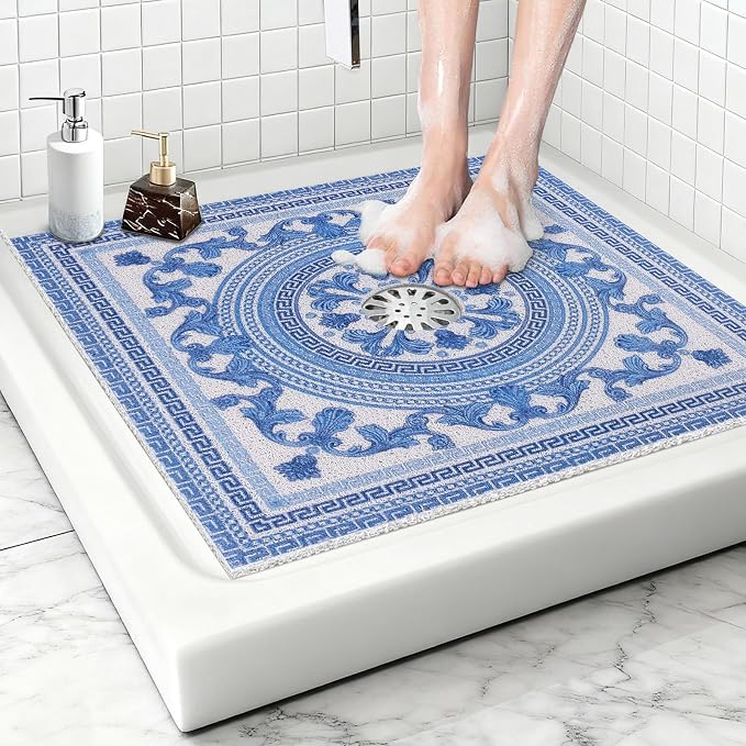 Square Shower Mat Non Slip: 32x32 Inch Extra Large Shower Mats with Drain Hole in Middle -Anti Slip Shower Mats for Inside Shower -Loofah Shower Floor Mat Bath Mat for Shower Stall Bathtub Elderly
