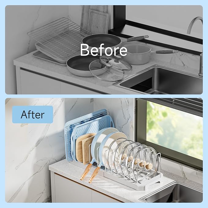 MUDEELA Pot Lid Organizer Rack for Cabinet, Expandable Pots and Pans Organizer under Cabinet with 12 Adjustable Dividers, Pan Organizers Holder inside Cabinet for Cutting Boards, Baking Sheets, White