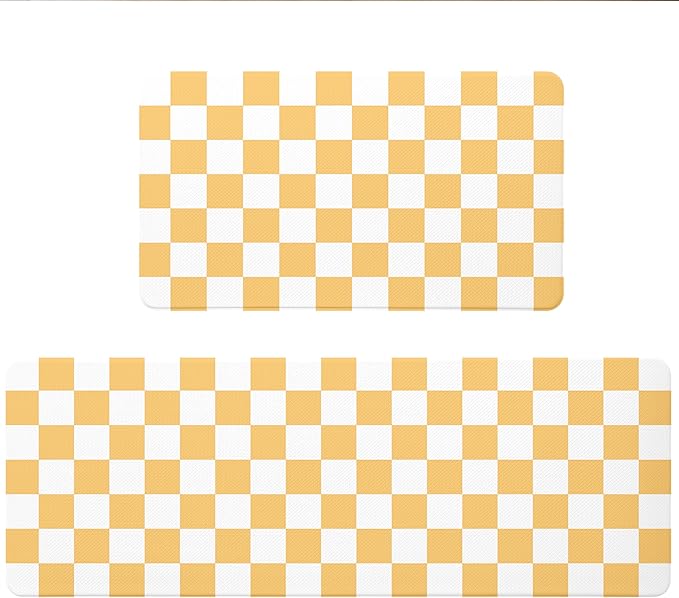 Yellow Checkered Grid Checkerboard Kitchen Rug Sets [2 PCs], Anti-Fatigue, Waterproof Non-Slip Kitchen Mats Heavy Duty Comfort Foam Rug for Kitchen, Floor, Laundry,17"x29"+17"x47"