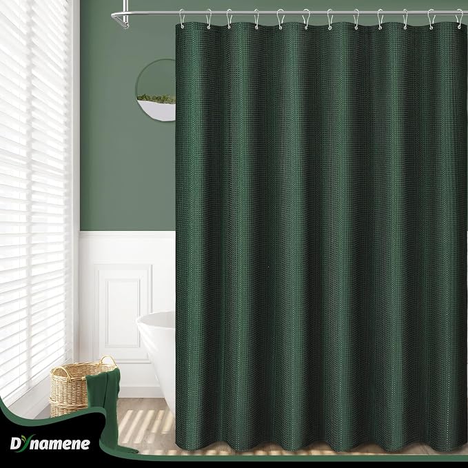 Dynamene Long Fabric Shower Curtain - 78 inch Long Waffle Weave Weighted Cloth Shower Curtains for Bathroom, Neutral Heavy Duty Hotel Spa Luxury Bath Curtain Set with 12 Hooks, 72x78, Dark Green