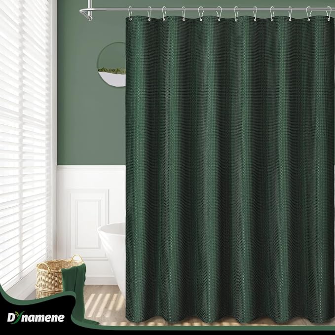 Dynamene Stall Fabric Shower Curtain - 48 inch Wide Waffle Weave Weighted Thick Cloth Shower Curtains for Bathroom, Neutral Heavy Duty Hotel Spa Luxury Bath Curtain Set with 8 Hook, 48x72, Dark Green