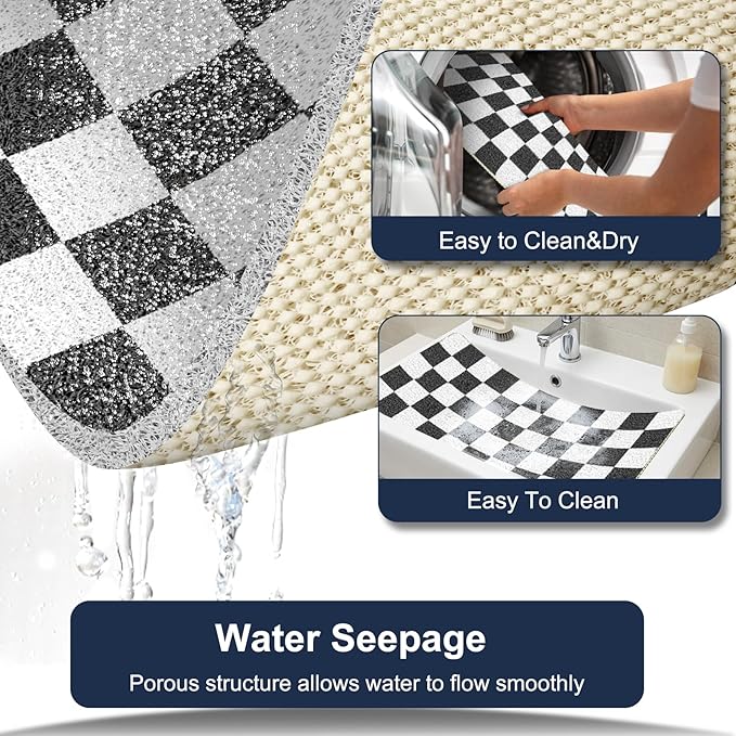 Square Loofah Shower Stall Mat 24"x24", Quick Drying Shower Mats with Drain, PVC Loofah Bath Mat for Wet Room & Bathroom Floor, Soft Textured & Elderly Safe, Washable & Resistant, Black Checkered