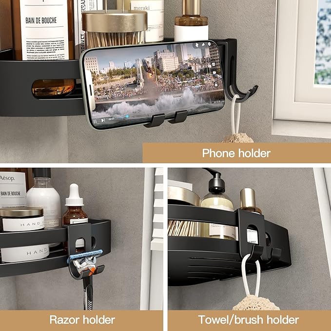 VOLPONE Corner Shower Caddy with Razor Holder Adhesive Shower Shelf Corner No Drilling Bathroom Corner Shower Organizer Storage Rack (2-Pack, Black)