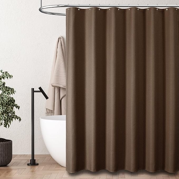 Dynamene Stall Fabric Shower Curtain - 60 x 84 inch Long Waffle Weave Weighted Thick Cloth Shower Curtains for Bathroom, Neutral Heavy Duty Hotel Spa Luxury Bath Curtain Set with 10 Hook, Brown