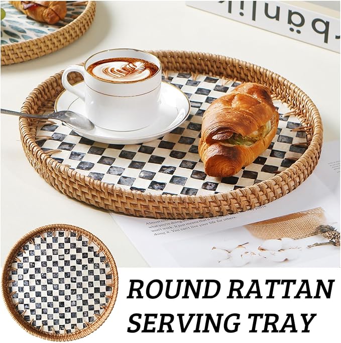 Round Rattan Tray with Mother of Pearl Inlay, Decorative Wicker Serving Tray with Wooden Base, Woven Basket Trays for Bread Fruits Coffee, Checkered