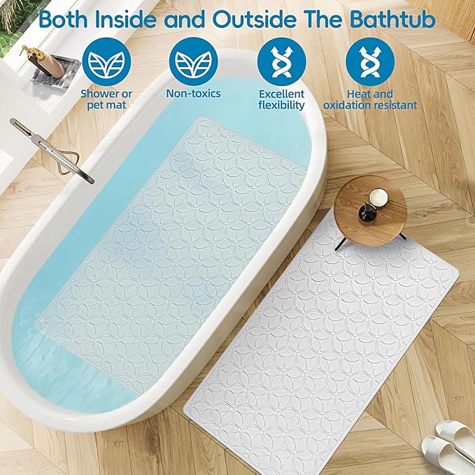 Bathtub Mat Non Slip with Suction Cups - 100% Rubber Bathroom Mat Textured for Bath Tub Shower Safety - Soft on Touch - BPA/PVC Free - Pet Dog Bath Mat - Machine Washable - 16 × 28 Inch（White）