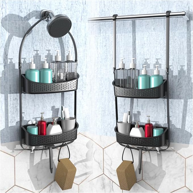 Shower Caddy Hanging, Anti-Swing Shower basket over showerhead with suction cups; Never rust Bathroom Organizer over the door, Multiple Hanging Modes Shelf with Hooks, Matte Grey