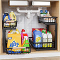 Under Sink Organizer,2 Pack Under Kitchen Sink Organizer,2 Tier Sliding-Out,5 Level Height Adjustable,Thickened Carbon Steel,Anti-Rust Treatment,for Kitchen Bathroom Black