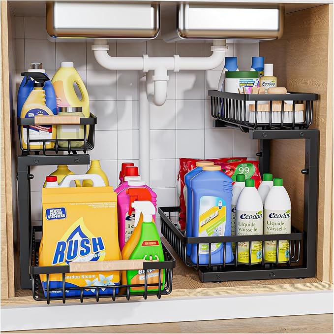 Under Sink Organizer,2 Pack Under Kitchen Sink Organizer,2 Tier Sliding-Out,5 Level Height Adjustable,Thickened Carbon Steel,Anti-Rust Treatment,for Kitchen Bathroom Black