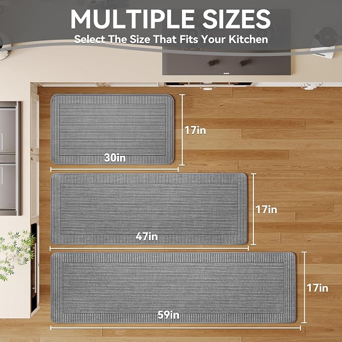 Kitchen Mats for Floor, 17''x47'' Washable Non Slip Absorbent Kitchen Mat, Braided Kitchen Runner Rug, Kitchen Sink Rug, Grey