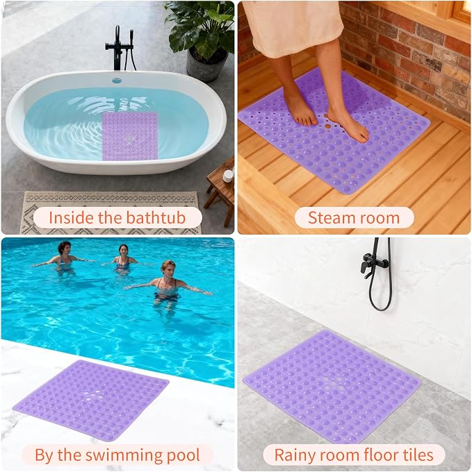 Anti-Slip Bathtub Shower mat, 21×21（ 53×53cm） inch Soft Oversized Machine Washable Non-Slip Bathtub mat with Drainage Holes, Bathroom Floor Suction Cup.（1- Clear Purple）