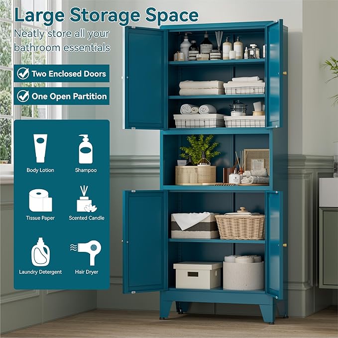Bevivog Tall Pantry Cabinet with Microwave Shelf, 69" Metal Storage Cabinet with 4 Doors and Adjustable Shelves,Freestanding Metal Kitchen Hutch Cabinet, Blue Pantry Closet Storage Shelves with Doors