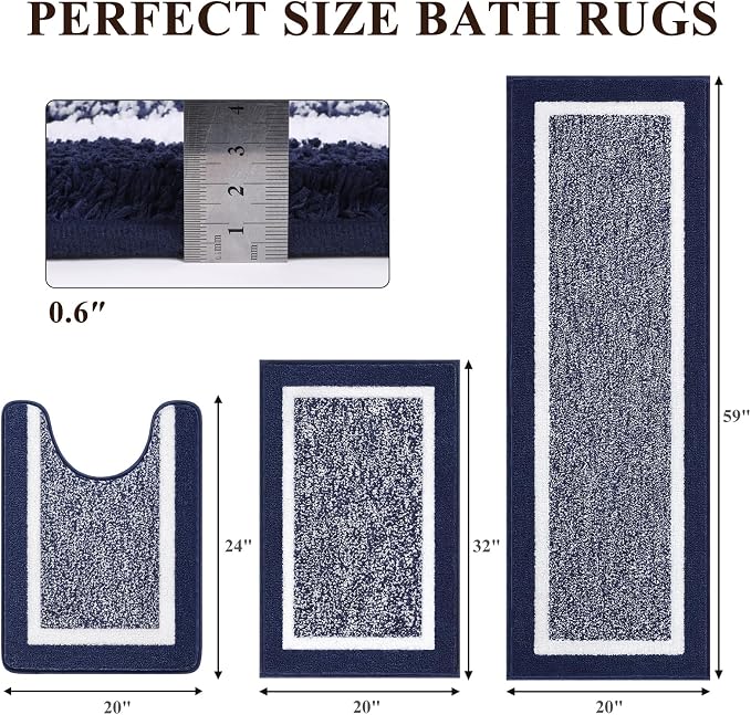 Pauwer Bathroom Rugs Sets 3 Piece Bathroom Shower Rugs with U-Shaped Contour Toilet Mat Absorbent Microfiber Plush Bath Mats Non Slip Bath Rugs Machine Washable Shaggy Bathroom Floor Mats, Navy
