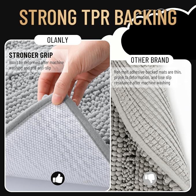 OLANLY Thick Toilet Rugs U-Shaped 24x20, Extra Soft Absorbent Chenille Striped Contour Bathroom Rugs for Toilet, Dry Quickly, Machine Washable, Non-Slip Bath Mat, Light Grey