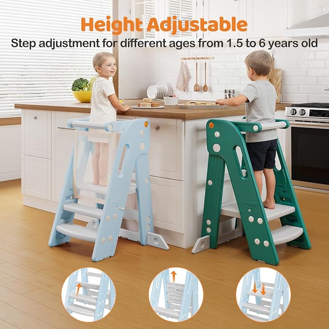 Onasti Adjustable Height Toddler Tower, Space Saving Kids Kitchen Step Stool with Removable Safety Net, Non-Slip Standing Platform for Toddlers 1.5-6 Years-Blue
