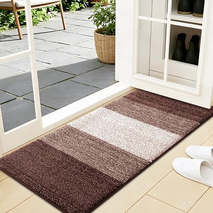 Kitinjoy Indoor Outdoor Door Mat, 44x24 Non-Slip Absorbent Dirt Trapper, Low-Profile Washable Inside Entrance Front Floor Mat, Sturdy Soft Entry Doormats for Entryway, Brown
